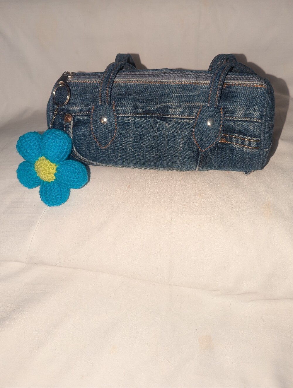Vintage Denim Barrel Tote Y2K Handbag with Blue Flower Charm